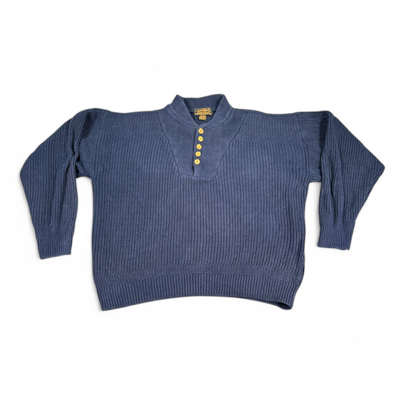 Vintage Eddie Bauer Sweater Adult LARGE Blue Henley Mock Neck Knit Oversize 90s - Picture 1 of 9